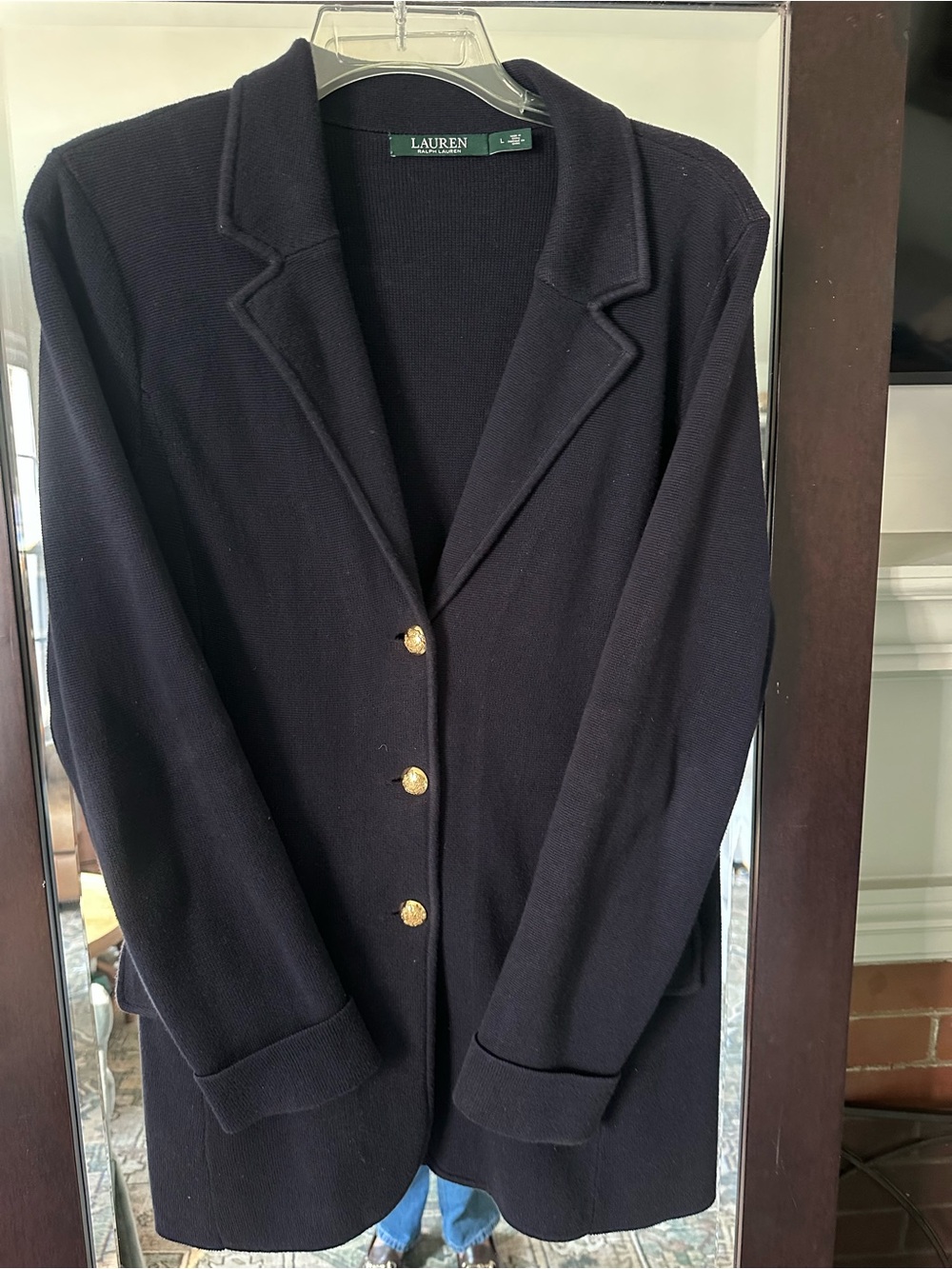 Lauren Ralph Lauren Women's 100% Cotton Navy Knit Blazer with Gold Buttons